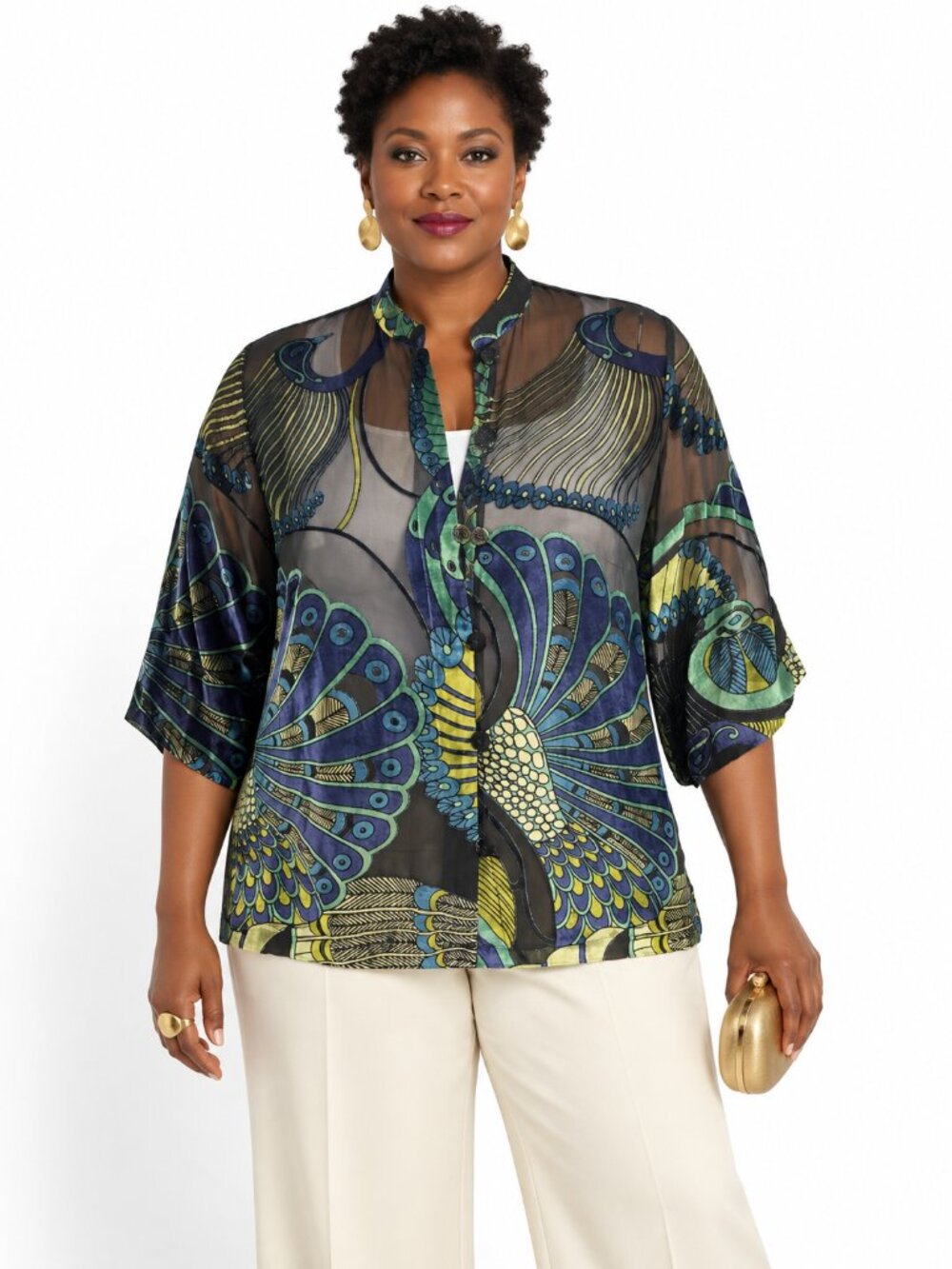 Citron Santa Monica Peacock Wearable Art Blouse Black Multicolor Size XL